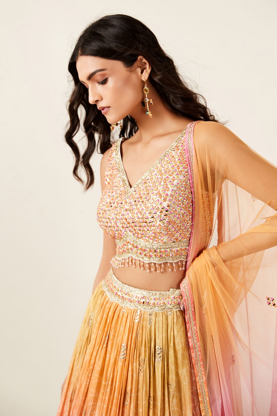 Buy pink tie and dye lehenga online in USA with dupatta. Shop designer lehengas, designer sarees, bridesmaids lehengas, designer salwar suits, wedding lehengas, wedding sarees in USA from Pure Elegance Indian fashion clothing store.-blouse front