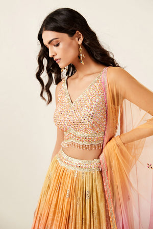 Buy pink tie and dye lehenga online in USA with dupatta. Shop designer lehengas, designer sarees, bridesmaids lehengas, designer salwar suits, wedding lehengas, wedding sarees in USA from Pure Elegance Indian fashion clothing store.-blouse front