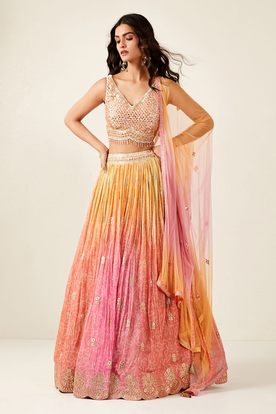 Buy pink tie and dye lehenga online in USA with dupatta. Shop designer lehengas, designer sarees, bridesmaids lehengas, designer salwar suits, wedding lehengas, wedding sarees in USA from Pure Elegance Indian fashion clothing store.-full view
