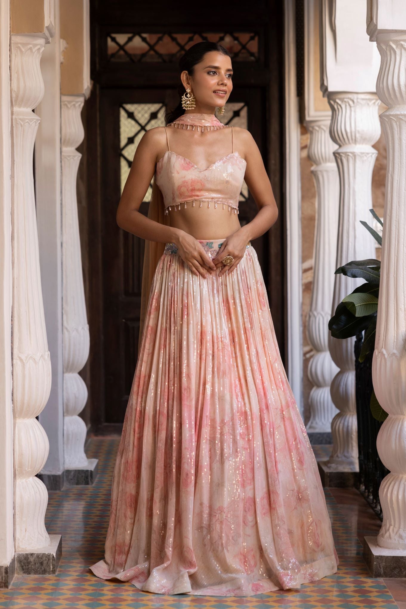 Shop baby pink printed and embroidered georgette lehenga online in USA with dupatta. Shop designer lehengas, designer sarees, bridesmaids lehengas, designer salwar suits, wedding lehengas, wedding sarees in USA from Pure Elegance Indian fashion clothing store.-front