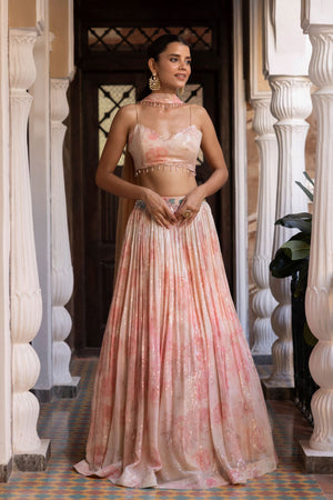 Shop baby pink printed and embroidered georgette lehenga online in USA with dupatta. Shop designer lehengas, designer sarees, bridesmaids lehengas, designer salwar suits, wedding lehengas, wedding sarees in USA from Pure Elegance Indian fashion clothing store.-front