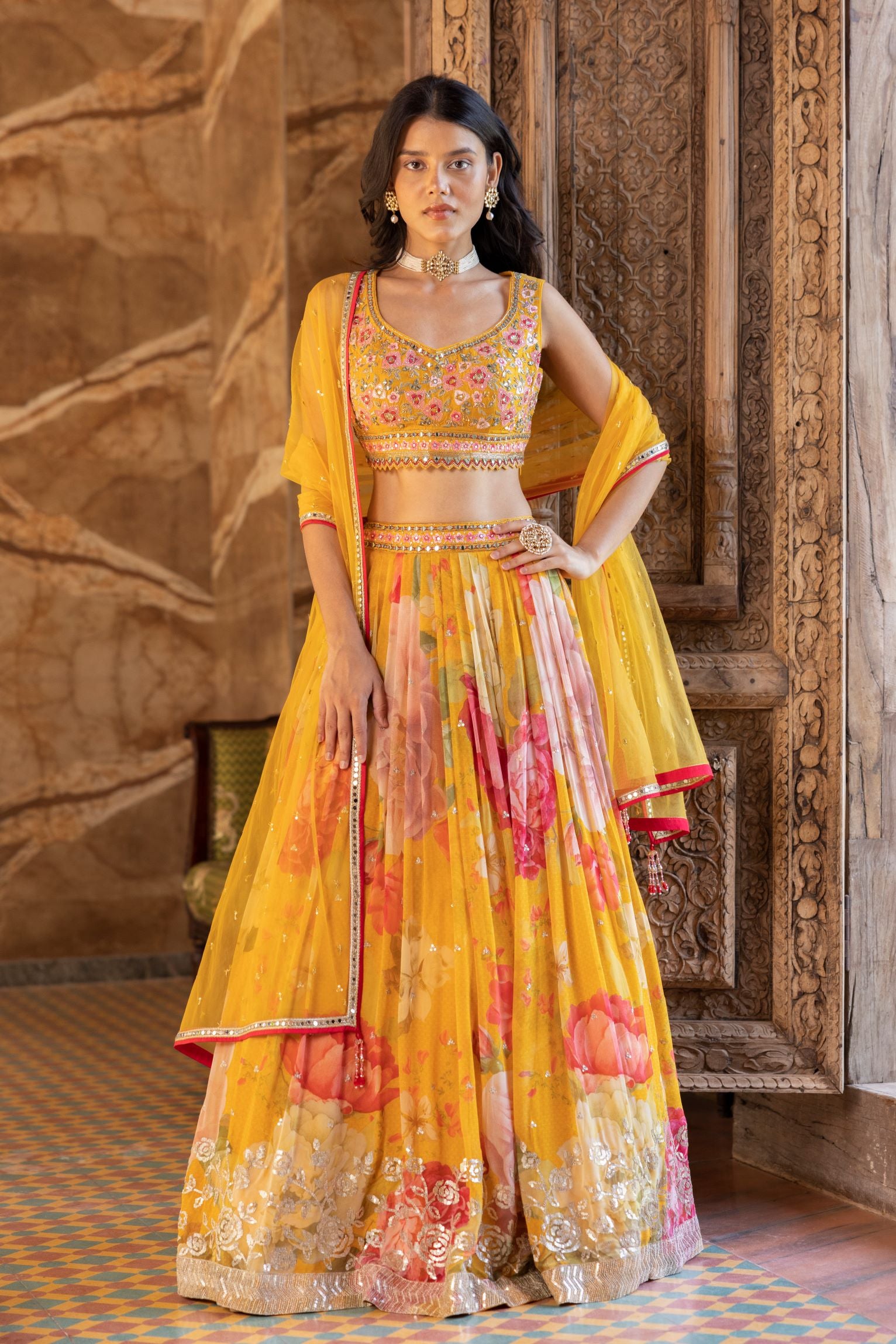 Shop yellow floral print sequin georgette lehenga online in USA with dupatta. Shop designer lehengas, designer sarees, bridesmaids lehengas, designer salwar suits, wedding lehengas, wedding sarees in USA from Pure Elegance Indian fashion clothing store.-full view