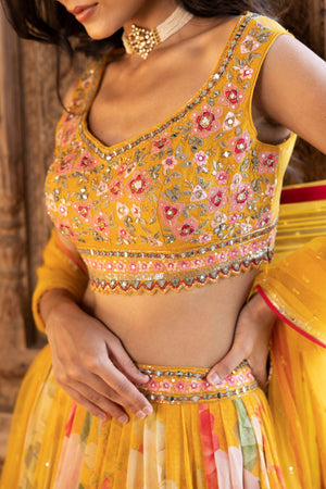 Shop yellow floral print sequin georgette lehenga online in USA with dupatta. Shop designer lehengas, designer sarees, bridesmaids lehengas, designer salwar suits, wedding lehengas, wedding sarees in USA from Pure Elegance Indian fashion clothing store.-blouse