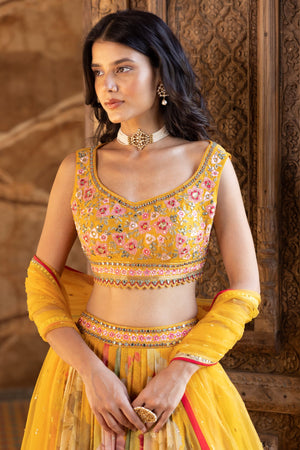 Shop yellow floral print sequin georgette lehenga online in USA with dupatta. Shop designer lehengas, designer sarees, bridesmaids lehengas, designer salwar suits, wedding lehengas, wedding sarees in USA from Pure Elegance Indian fashion clothing store.-closeup
