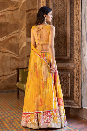Shop yellow floral print sequin georgette lehenga online in USA with dupatta. Shop designer lehengas, designer sarees, bridesmaids lehengas, designer salwar suits, wedding lehengas, wedding sarees in USA from Pure Elegance Indian fashion clothing store.-back