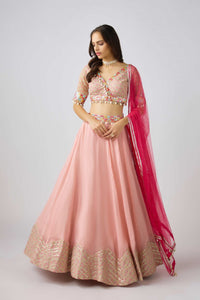 Buy light pink mirror and shell work lehenga online in USA with dupatta. Shop designer lehengas, designer sarees, bridesmaids lehengas, designer salwar suits, wedding lehengas, wedding sarees in USA from Pure Elegance Indian fashion clothing store.-full view