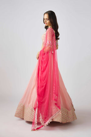 Buy light pink mirror and shell work lehenga online in USA with dupatta. Shop designer lehengas, designer sarees, bridesmaids lehengas, designer salwar suits, wedding lehengas, wedding sarees in USA from Pure Elegance Indian fashion clothing store.-dupatta