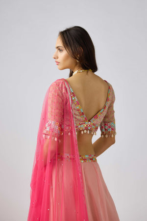 Buy light pink mirror and shell work lehenga online in USA with dupatta. Shop designer lehengas, designer sarees, bridesmaids lehengas, designer salwar suits, wedding lehengas, wedding sarees in USA from Pure Elegance Indian fashion clothing store.-blouse back