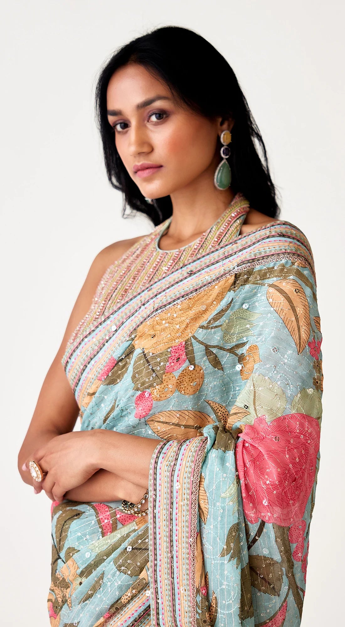 Shop aqua blue floral embroidered georgette saree online in USA with blouse. Shop the best and latest designs in embroidered sarees, designer sarees, Anarkali suit, lehengas, sharara suits, kaftans for weddings and special occasions from Pure Elegance Indian fashion store in USA.-closeup