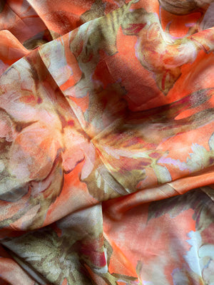 Shop beautiful orange floral shimmer georgette saree online in USA with blouse. Look your best on festive occasions in latest designer saris, pure silk saris, Kanjivaram silk sarees, handwoven saris, tussar silk sarees, linen sarees,  summer sarees from Pure Elegance Indian clothing store in USA.-georgette