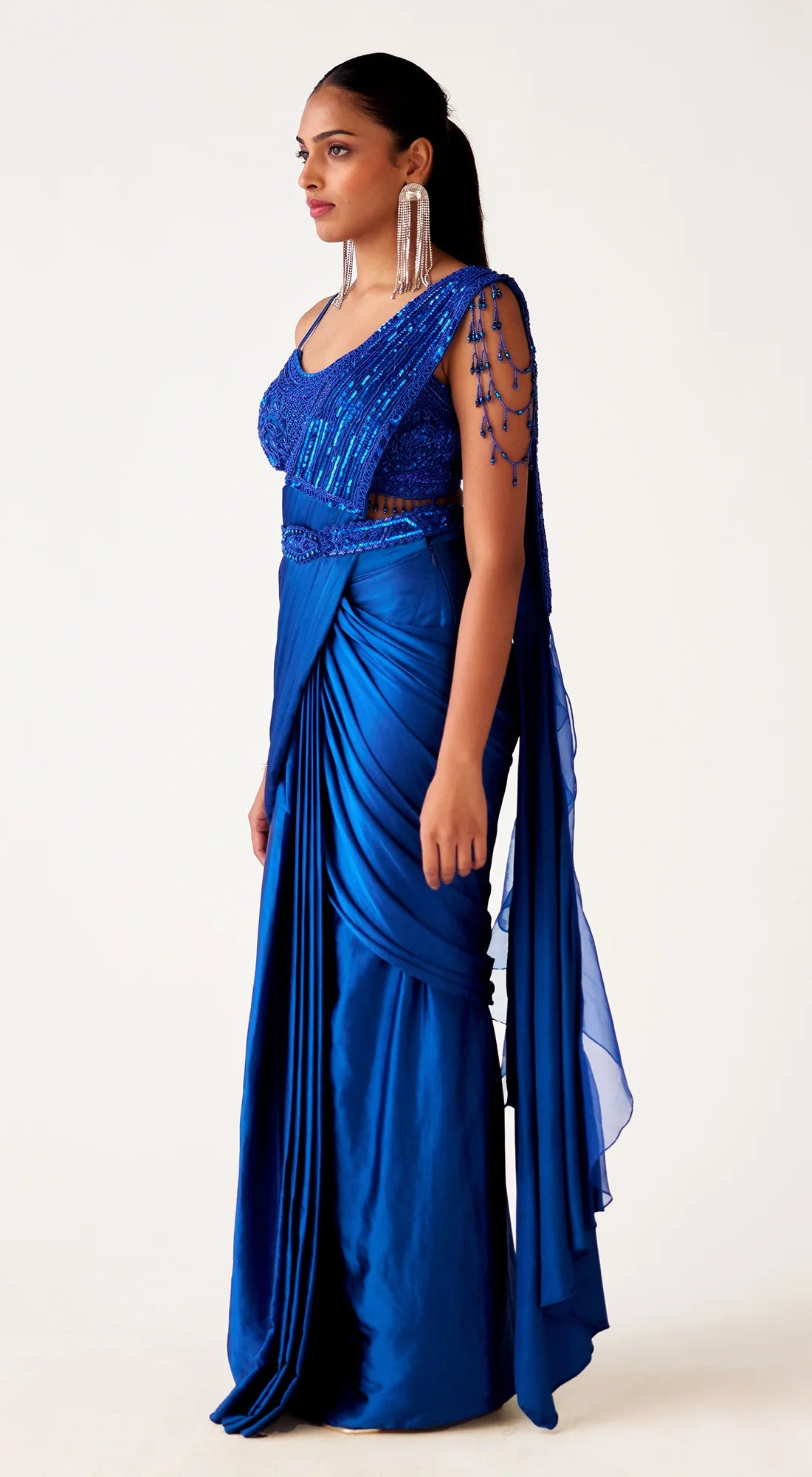 52A179 Blue Embroidered Crepe Draped Saree With Blouse