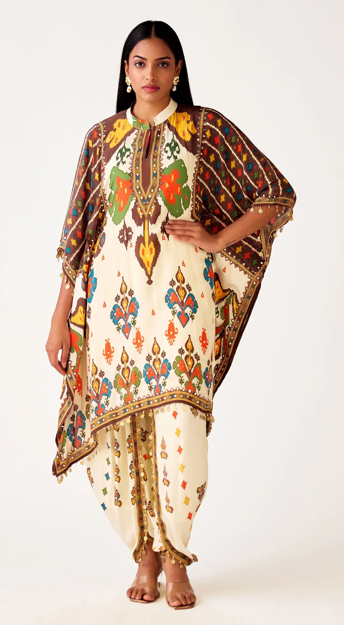 Buy cream printed embellished kaftan doti set online in USA. Shop the best and latest designs in embroidered sarees, designer sarees, Anarkali suit, lehengas, sharara suits, kaftans for weddings and special occasions from Pure Elegance Indian fashion store in USA.-front