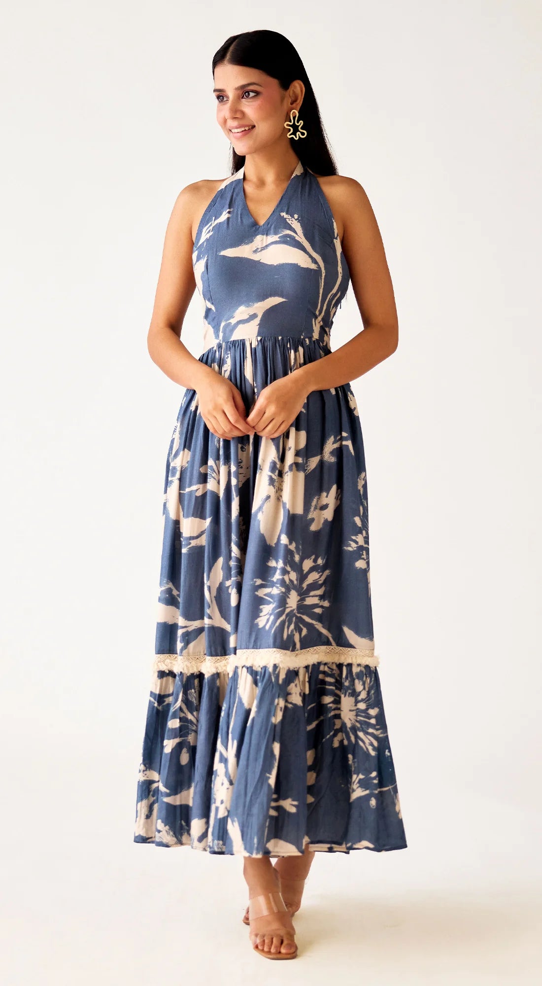 Shop stunning blue muslin floral halter dress online in USA. Shop the best and latest designs in embroidered sarees, designer sarees, Anarkali suit, lehengas, sharara suits, kaftans for weddings and special occasions from Pure Elegance Indian fashion store in USA.-full view