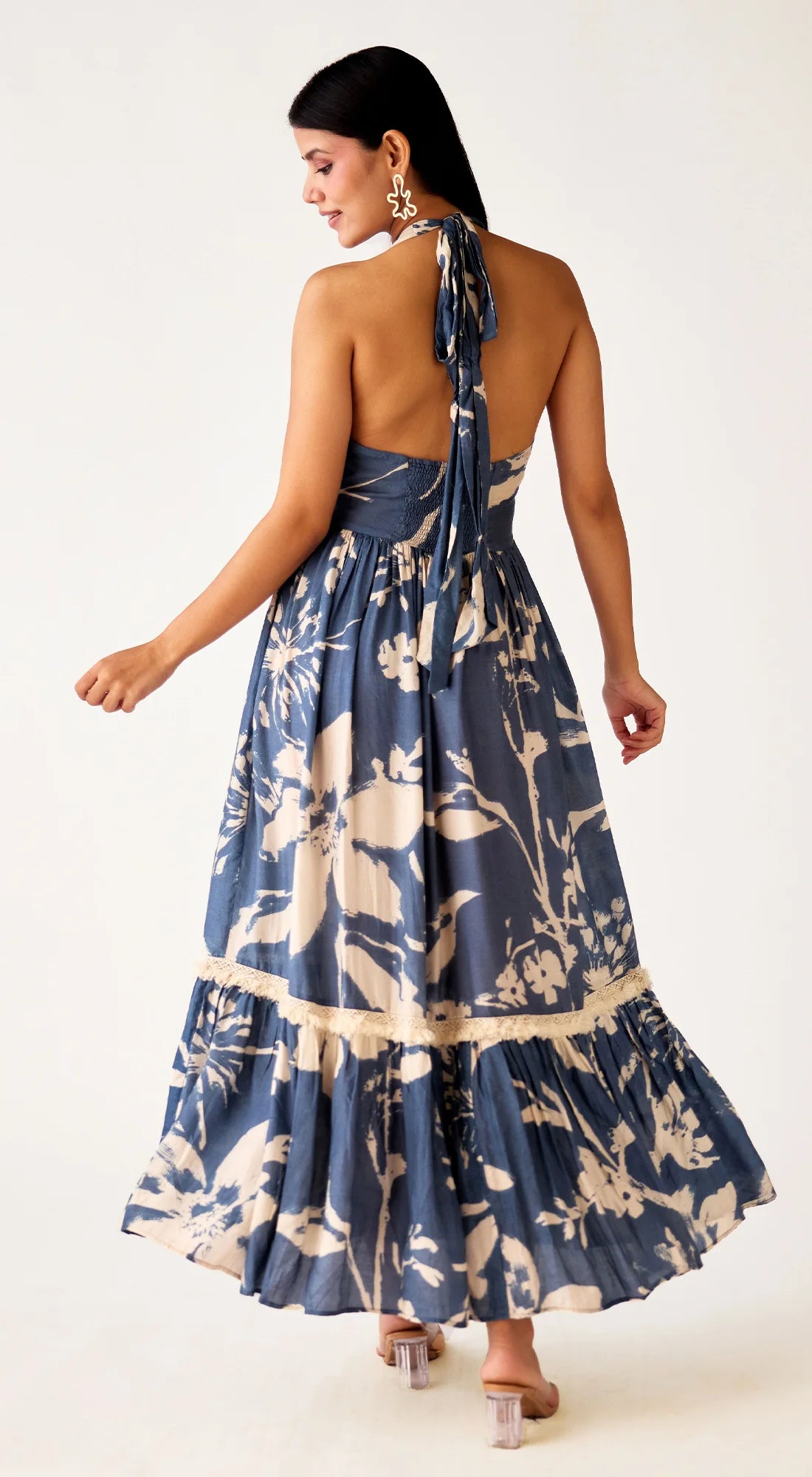 52A191 Blue Muslin Floral Halter Dress