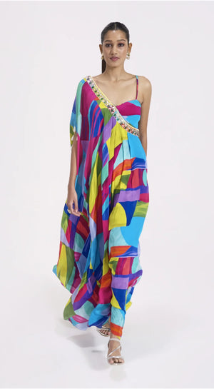 Shop stunning multicolor asymmetric crepe dress online in USA. Shop the best and latest designs in embroidered sarees, designer sarees, Anarkali suit, lehengas, sharara suits, kaftans for weddings and special occasions from Pure Elegance Indian fashion store in USA.-dress