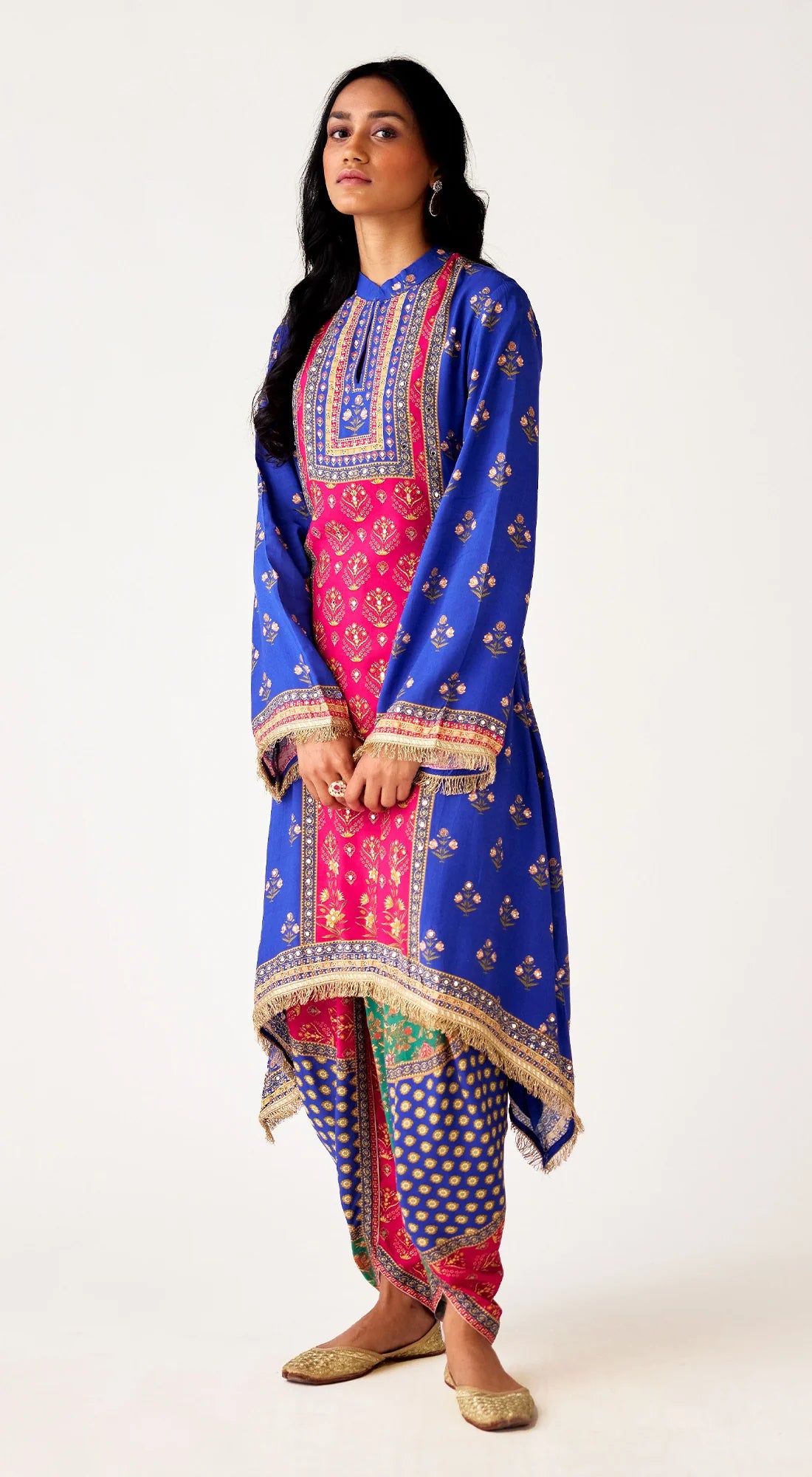 Shop blue pink embroidered muslin kurta dhoti set online in USA. Shop the best and latest designs in embroidered sarees, designer sarees, Anarkali suit, lehengas, sharara suits, kaftans for weddings and special occasions from Pure Elegance Indian fashion store in USA.-side