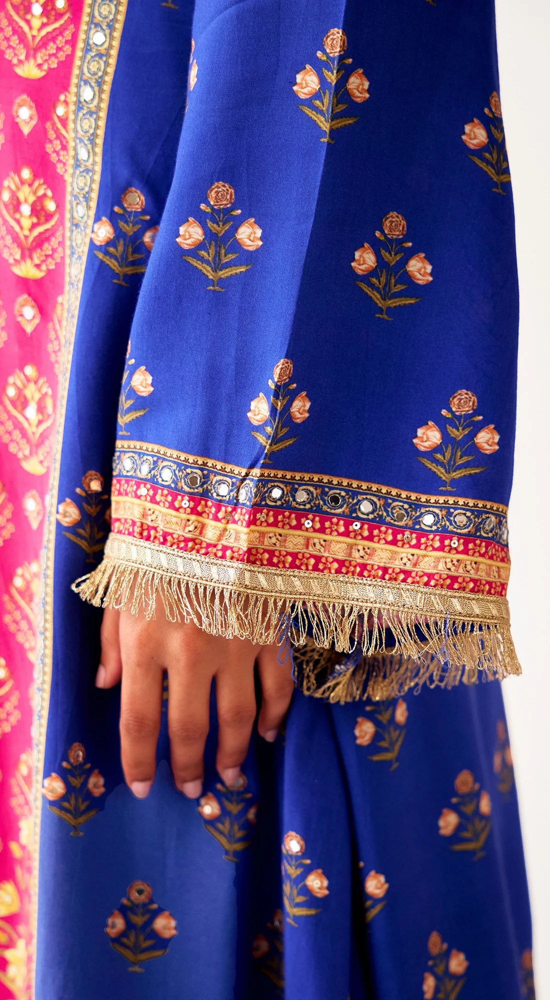 Shop blue pink embroidered muslin kurta dhoti set online in USA. Shop the best and latest designs in embroidered sarees, designer sarees, Anarkali suit, lehengas, sharara suits, kaftans for weddings and special occasions from Pure Elegance Indian fashion store in USA.-sleeves