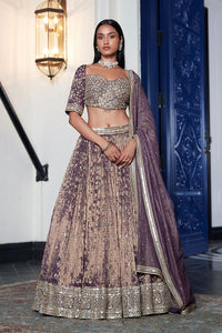 Shop purple hand embroidered tissue lehenga online in USA with dupatta. Shop designer lehengas, designer sarees, bridesmaids lehengas, designer salwar suits, wedding lehengas, wedding sarees in USA from Pure Elegance Indian fashion clothing store.-full view