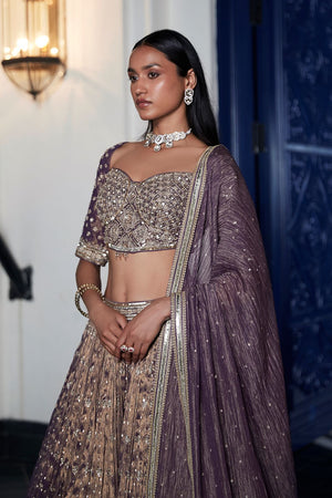 Shop purple hand embroidered tissue lehenga online in USA with dupatta. Shop designer lehengas, designer sarees, bridesmaids lehengas, designer salwar suits, wedding lehengas, wedding sarees in USA from Pure Elegance Indian fashion clothing store.-closeup