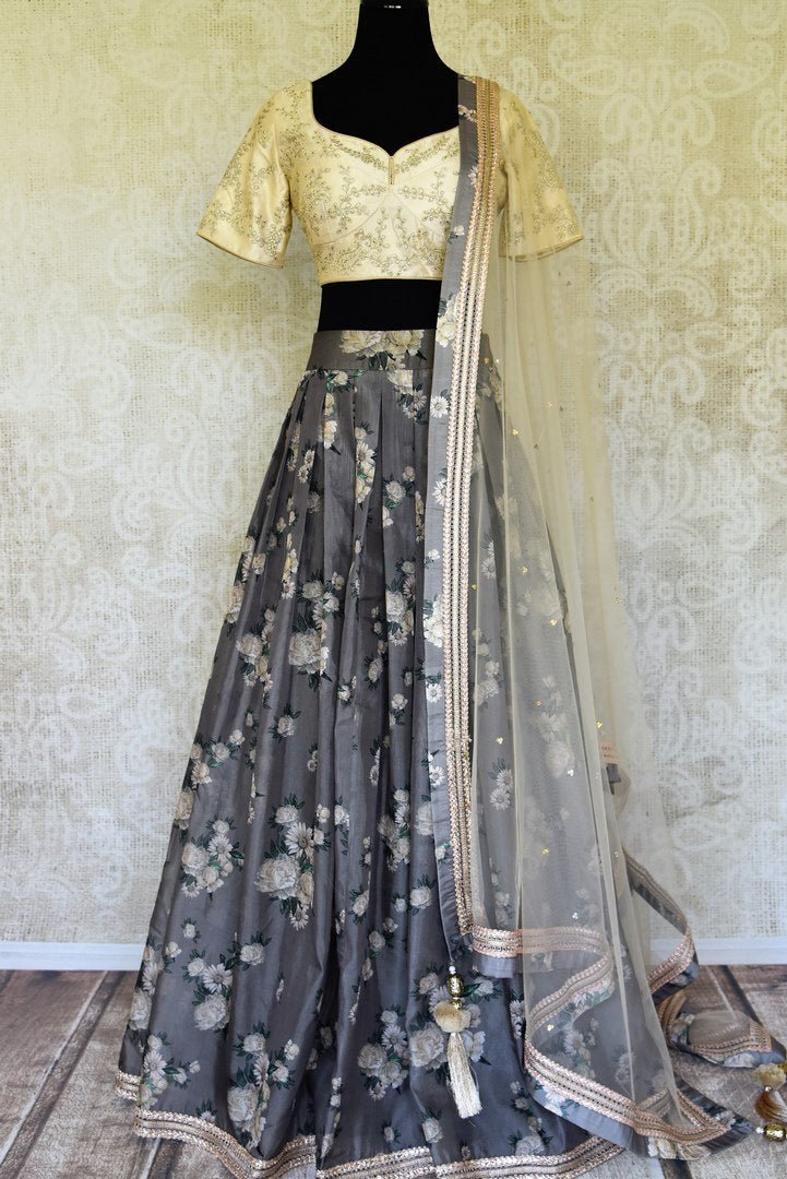 Shop grey and cream printed embroidered lehenga online in USA with dupatta. Get ready to dazzle on weddings and special occasions with an exquisite variety of Indian designer clothes from Pure Elegance Indian clothing store in USA. We have a splendid collection of bridal lehengas, designer sarees, Anarkali suits to make your look absolutely one of kind.-full view