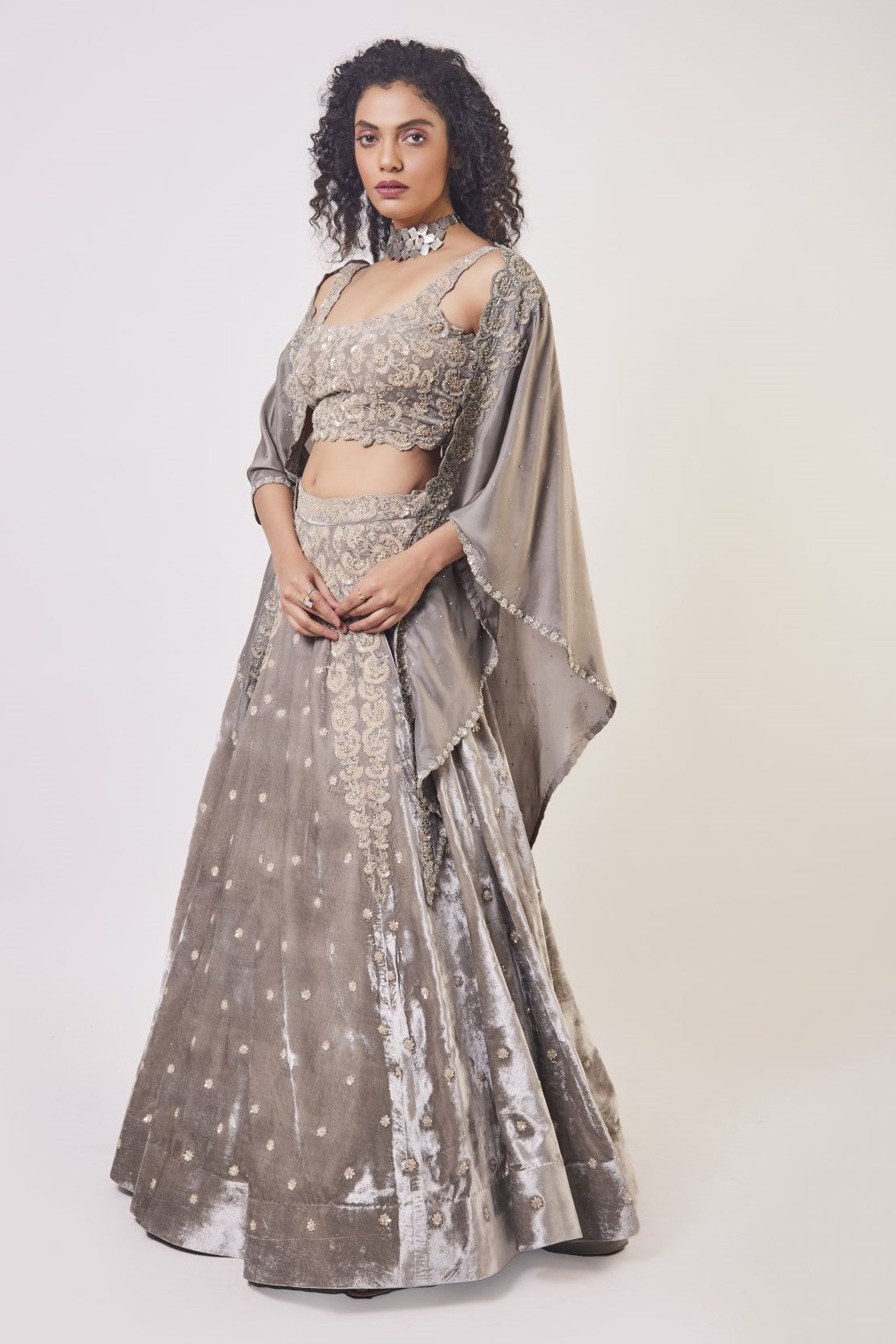 Grey Embroidered Mirror Work Semi-Stitched Lehenga & Unstitched Blouse –  Inddus.com