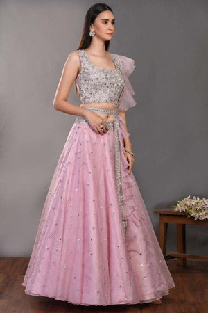 Buy Pink Organza Lehenga with Ruffle Dupatta Online in USA – Pure Elegance