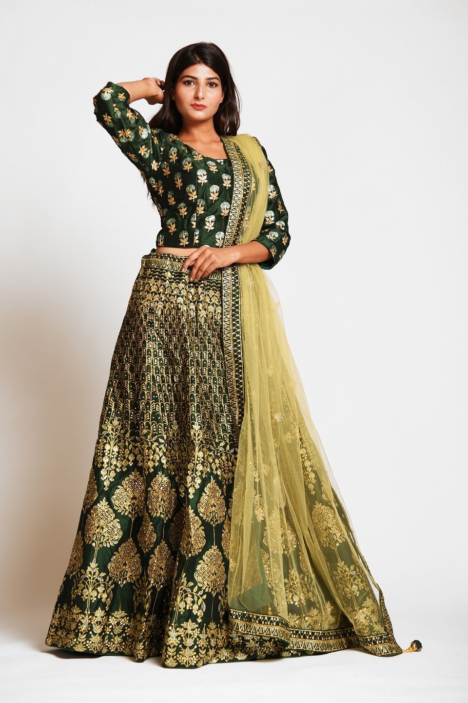 Amazin Mustard Yellow, Dark green Raw Silk, Taffeta Silk Embroidered Wedding  Lehenga Choli at Rs 8740 | Designer Lehenga Choli in Surat | ID: 19222882188