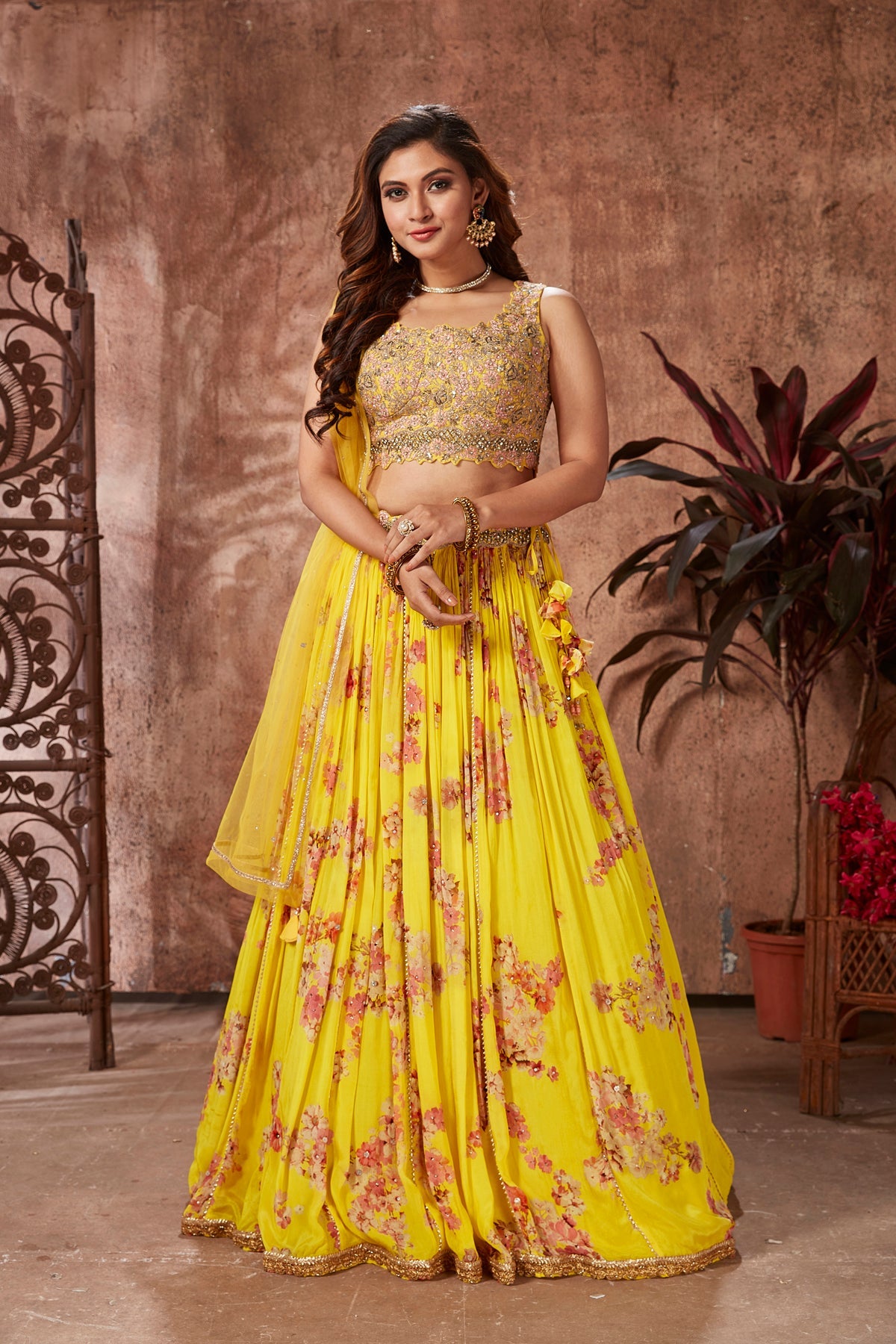 Mustard Crepe Silk Digital Floral Printed Lehenga Choli With Dupatta –  Janasya.com