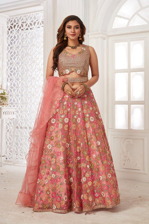 Buy Stunning Pink Embroidered Net Lehenga with Dupatta Online in USA – Pure  Elegance