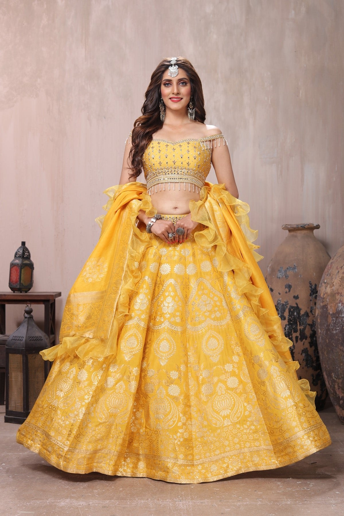 Yellow color designer ruffle lehenga choli – Joshindia