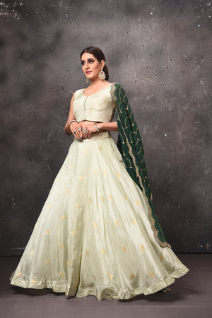 Pure Nylon Silk White Lehenga with Green Gaji Silk Dupatta - Dress me Royal