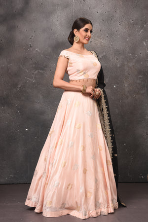 Peach-coloured and Black Embellished Sequinned Unstitched Lehenga & Blouse  With Dupatta - Etsy