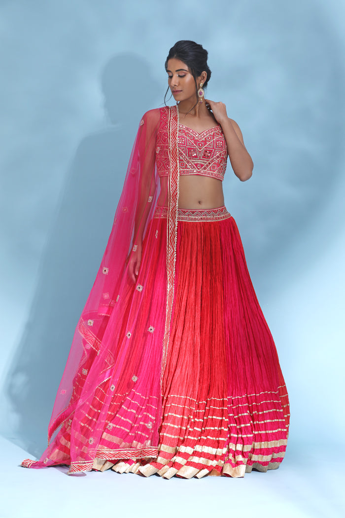Buy Hot Pink Hand Embroidery Raw Silk Lehenga with a Scallop Dupatta by  MISHRU at Ogaan Online Shopping Site