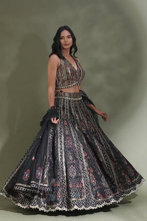 BLOCK PRINT GOTA PATTI DETAILING SHEHZADI BLACK LEHENGA SET WITH ORGAN