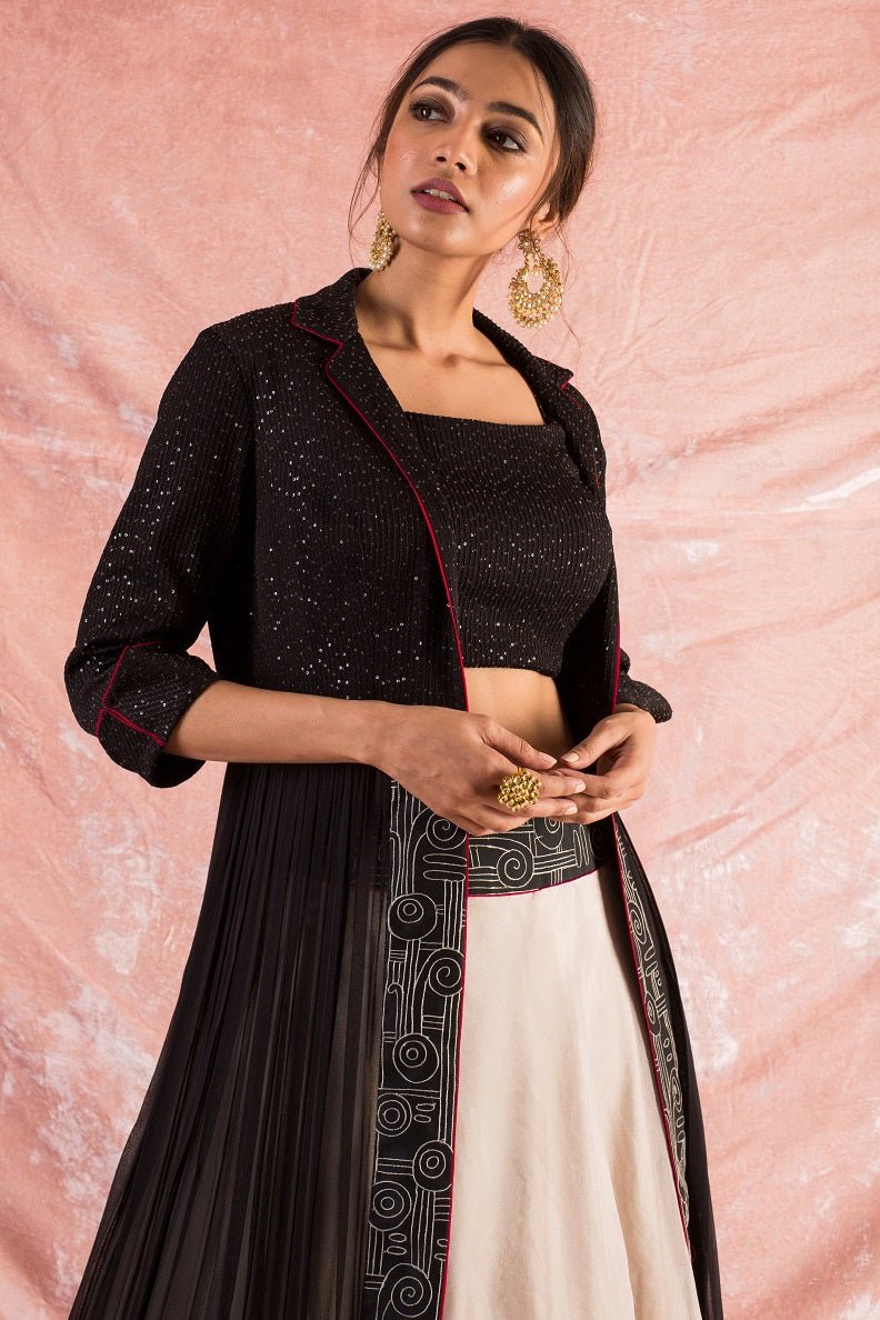 Black/White Embroidered Organza Lengha With Blouse Online in USA-close up