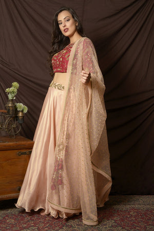 Bridal Wear Lehengas, Net & Velvet Fabrics- Red & Peach colour – Vpnam