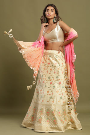 Off White Pastel Butti Kalidar Lehenga Set w/ Dual Shade Dupatta – 101 Hues