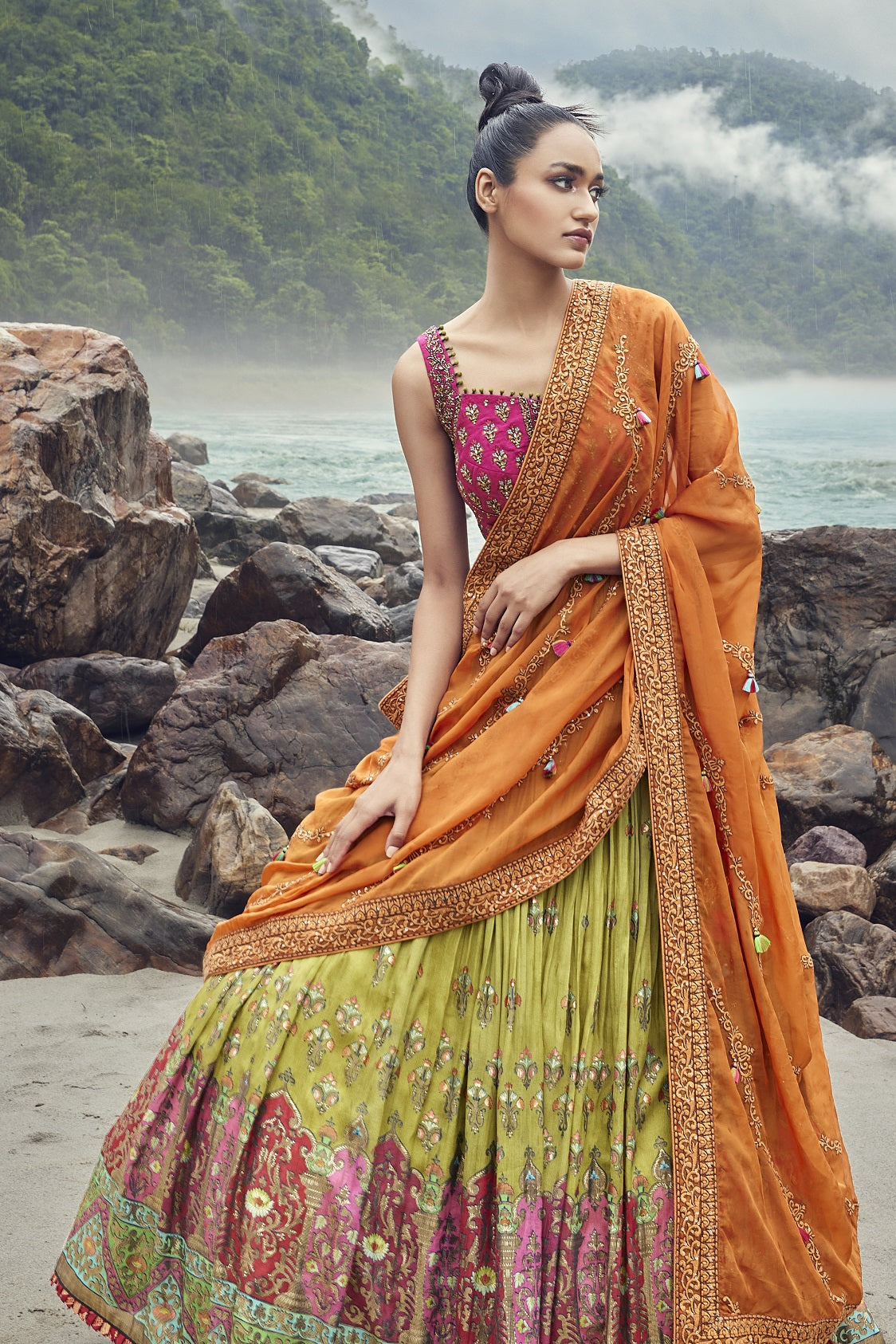Buy Fuchsia Hand Embroidered Lehenga and Blouse With Orange Dupatta Cape by  Designer NUPUR KANOI Online at Ogaan.com