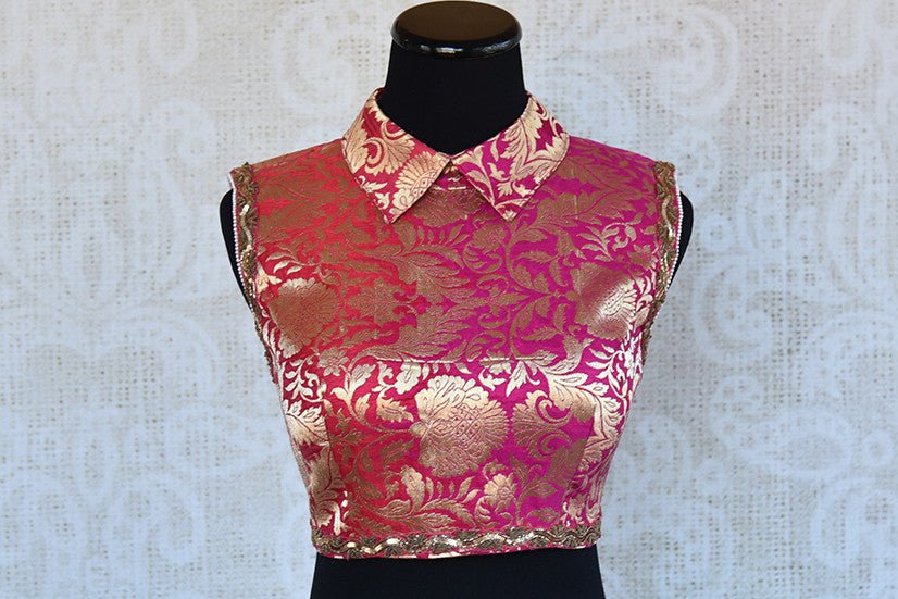 Silk Embroidered Pink Designer blouse can be bought from our Indian clothing store in USA. This Designer Pick has sequin embroidery with bead lace on armhole.-collar design