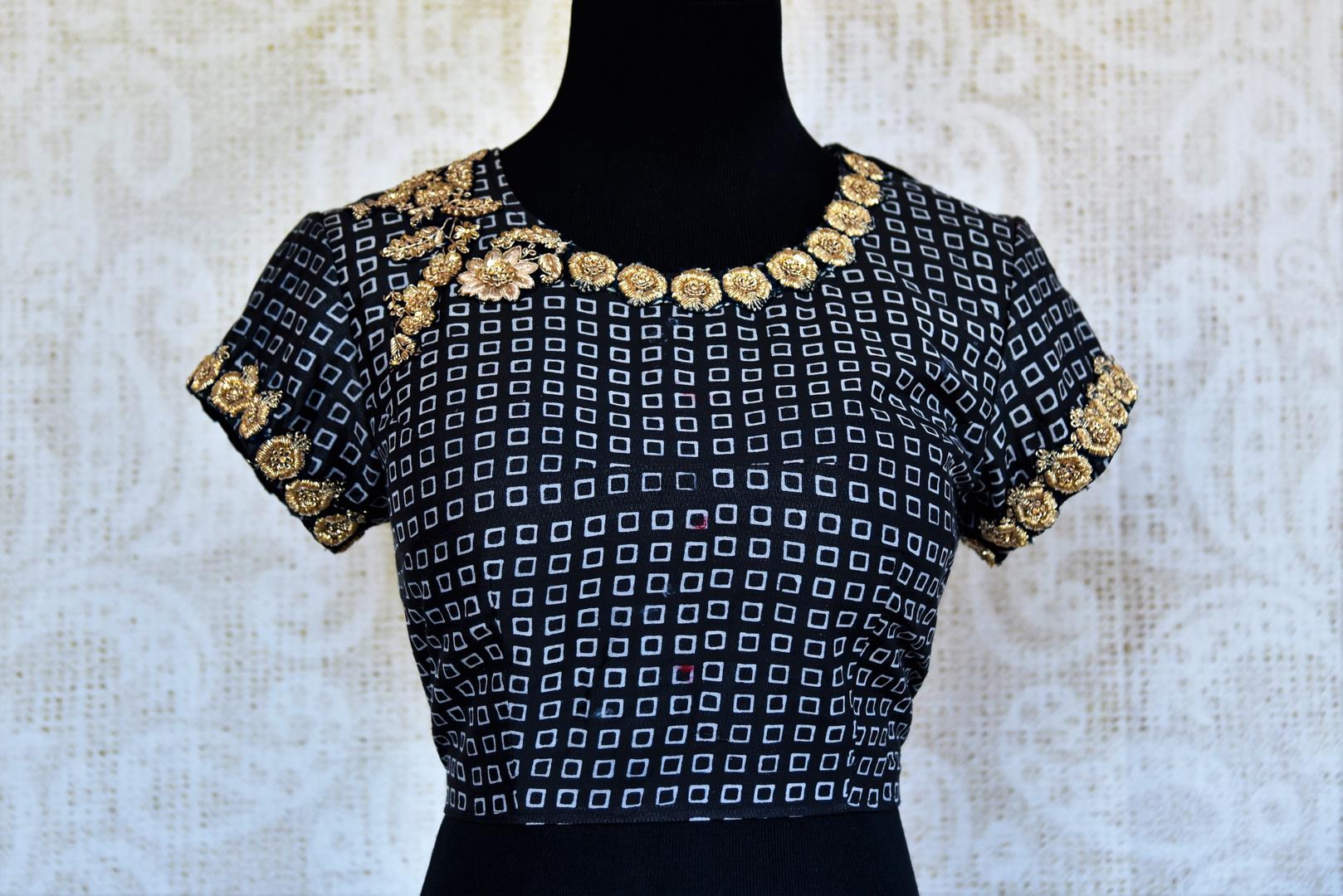 402682 Black Printed Satin Silk and Embroidered Sari Blouse