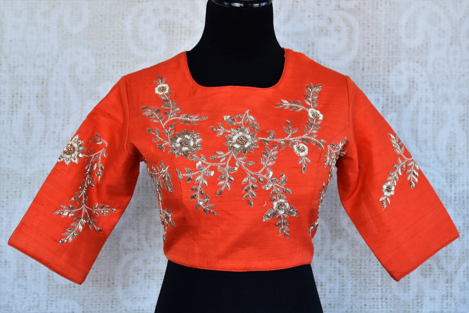 402801 Orange Raw Silk Embroidered Designer Saree Blouse