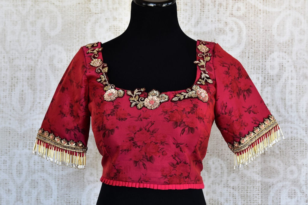 Pink printed embroidered saree blouse buy online in USA. For an elegant Indian style, choose designer saree blouses at Pure Elegance store to match your sarees.-full view