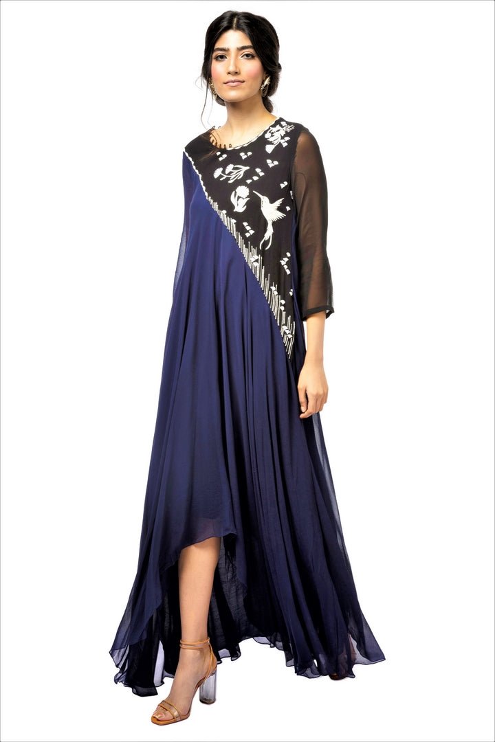 Shop elegant blue embroidered asymmetric georgette gown online in USA. Revamp your wardrobe with an exquisite variety of designer dresses, designer gowns, wedding lehengas, by Abirr N' Nanki available at Pure Elegance Indian clothing store in USA or shop from our online store. -full view