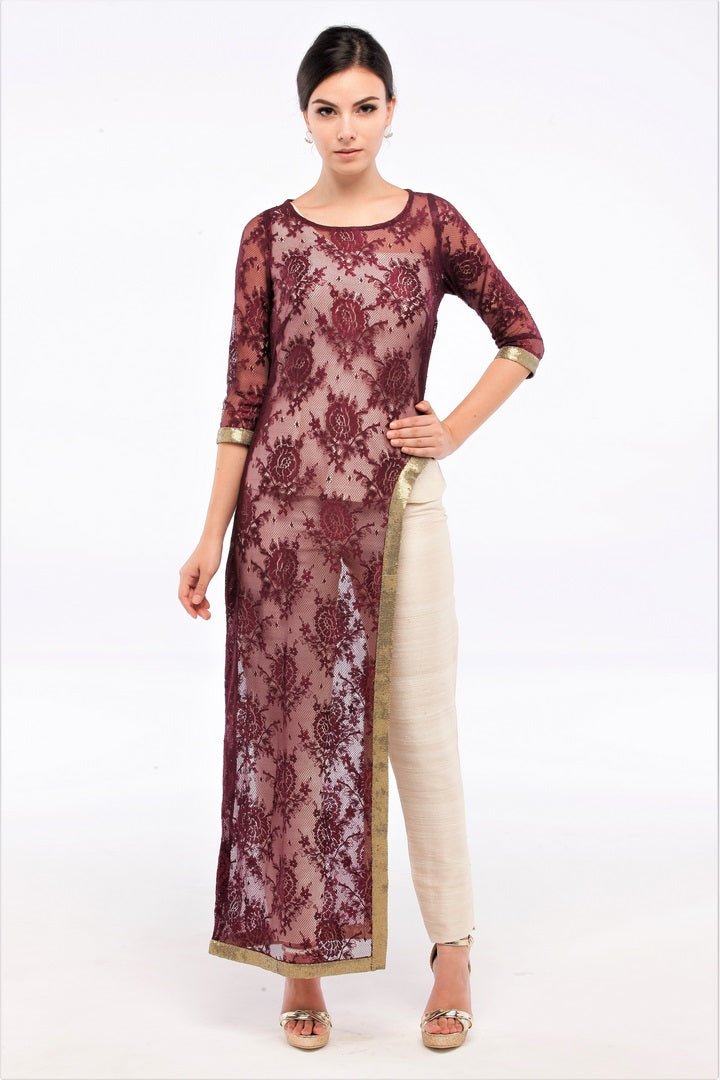 Buy Wine Color Lace Jacket with Silk Jacket and Straight Pants Online –  Pure Elegance