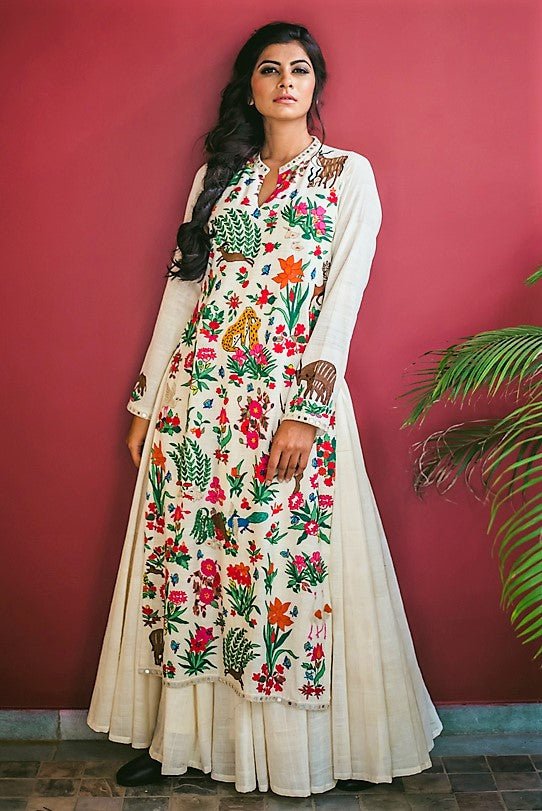 Buy off-white mirror and aari hand embroidery full length double layer dress online in USA. Pick your favorite Indian dresses from Pure Elegance clothing store in USA. Step up your style with a range of Indian designer dresses, suits, designer lehengas also available on our online store.-full view