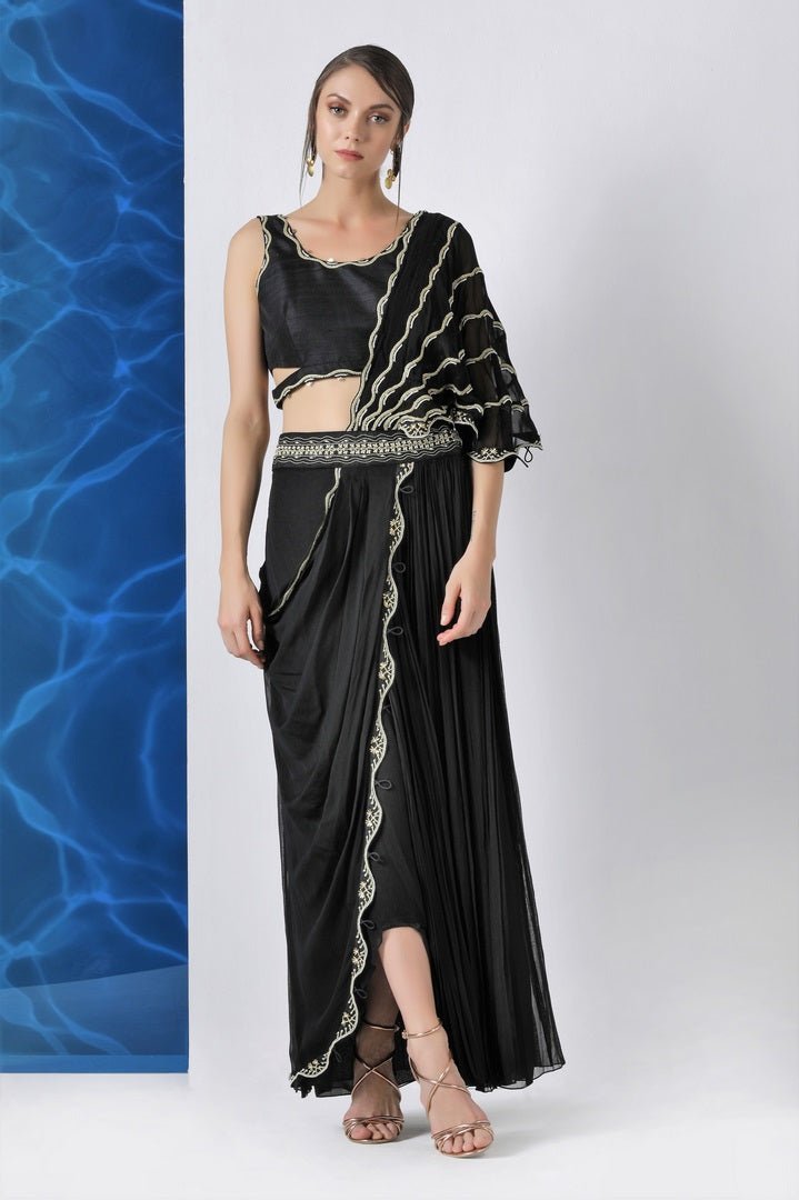 Buy black embroidered crop top and skirt with draped dupatta online in USA from Pure Elegance. Make your wardrobe an eclectic mix of alluring silhouettes and colors with a range of Indian designer clothing available at our clothing store in USA. -full view