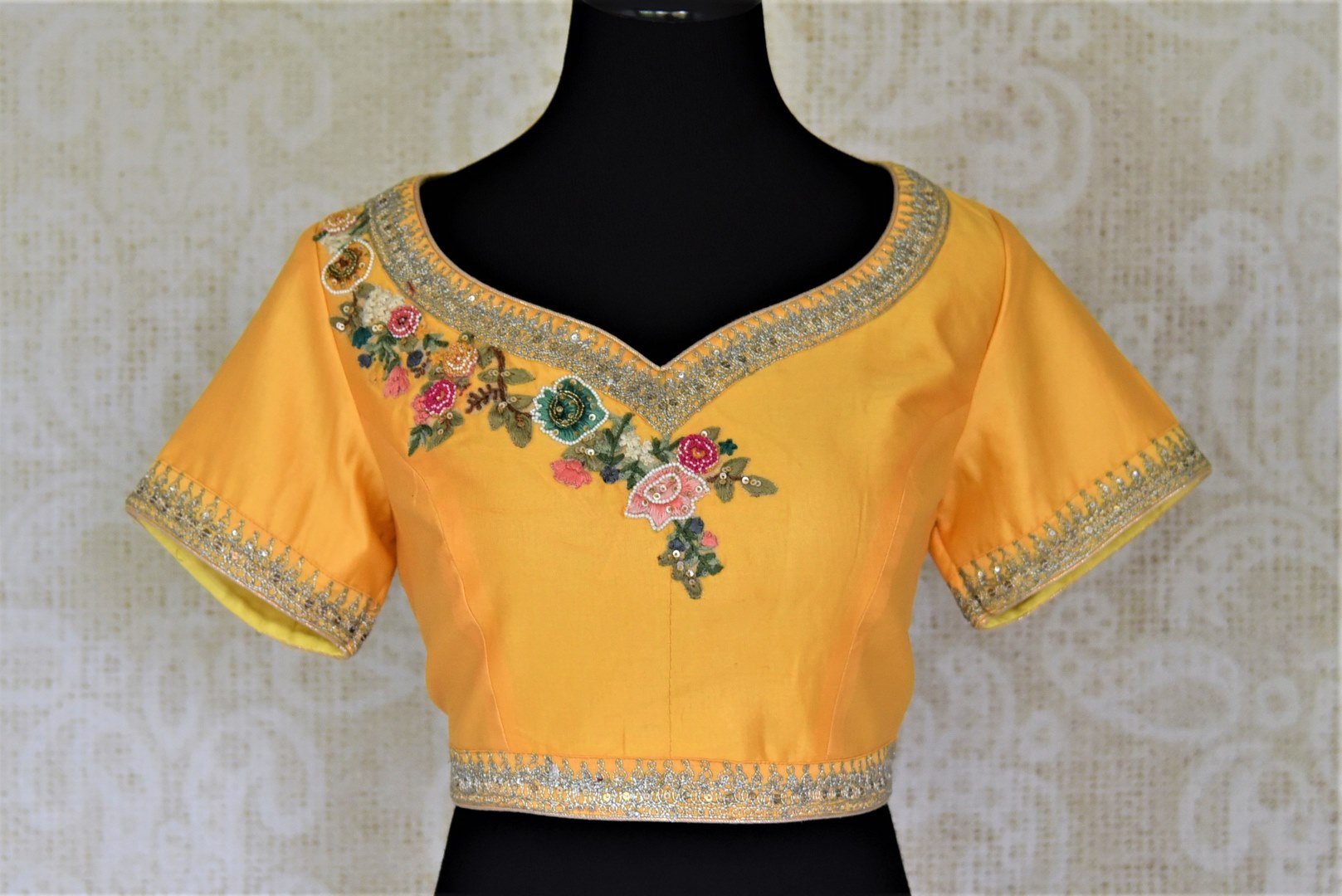 Buy Sunset Yellow Blouse With Heavy Embossed Embroidery In Floral