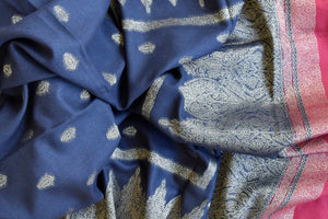 Buy stunning blue Kani dupatta online in USA with pink border. Add an elegant touch to your ethnic suits with Banarasi dupatta, leheriya dupatta, bandhej dupatta, silk dupattas, cotton dupattas from Pure Elegance Indian fashion store in USA.-full view