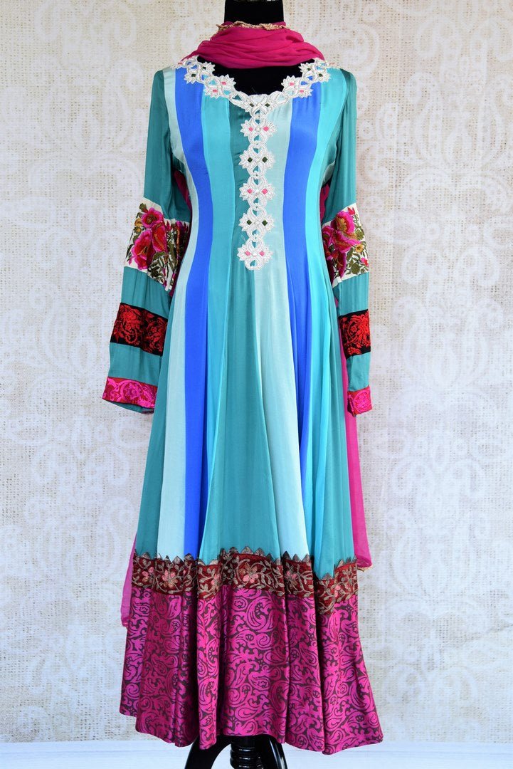 Buy blue striped embroidered Anarkali suit online in USA. Pure Elegance fashion store brings an exqusite range of  Indian designer Anarkali suits in USA for women. -full view