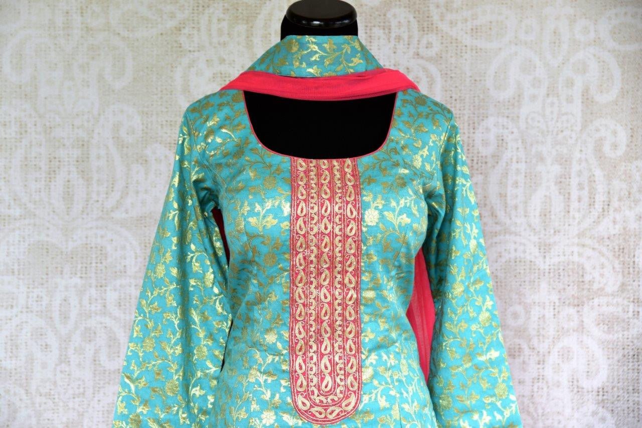 Buy blue Banarasi Kurta with pink skirt online in USA . Pure Elegance store brings exquisite range of Indo western dresses online for Indian women in USA. Shop now.-front